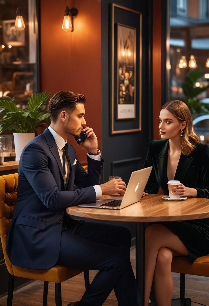 A sophisticated, upscale coffee shop setting with a young, attractive couple engaged in a lively conversation. The man is elegantly dressed in a tailored suit, while the woman wears a chic, designer dress. An elegant, modern laptop and a smartphone displaying a payment screen are subtly visible on the table. The background features tasteful decor with warm lighting. super-realistic. vibrant colors.
