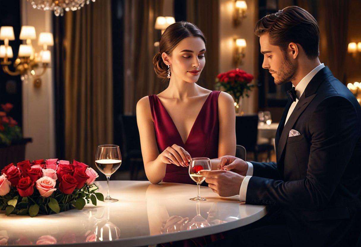 A sophisticated, stylish couple elegantly dressed in a high-end, luxurious setting, such as a fancy restaurant or an upscale lounge. The man, distinguished and confident, offers a bouquet of roses to a poised, glamorous woman. A sleek laptop or smartphone displaying an exclusive dating app is subtly visible. super-realistic. vibrant colors. ambient lighting. elegant atmosphere.