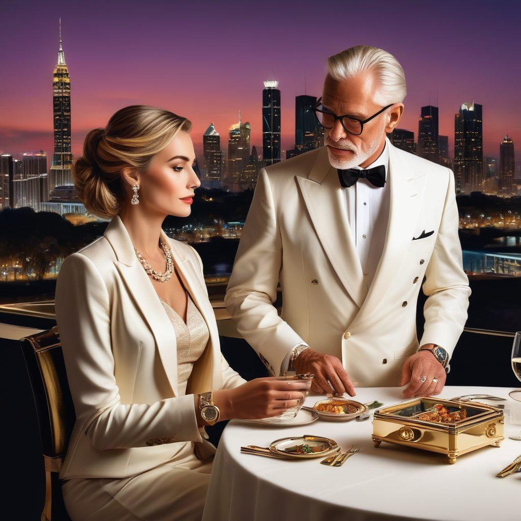 A luxurious setting with a sophisticated, well-dressed older gentleman and a glamorous young woman enjoying an elegant dinner. High-end accessories, like a Rolex watch and a designer handbag, should be visible. Soft lighting and a city skyline in the background to emphasize exclusivity and opulence. painting. vibrant colors. white background.